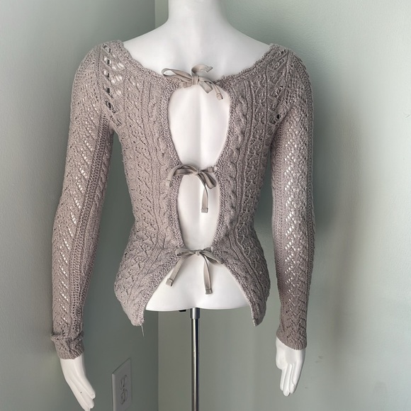 Free People Size Small Tie Back Sweater Ivory Pointelle Bow - Picture 3 of 8